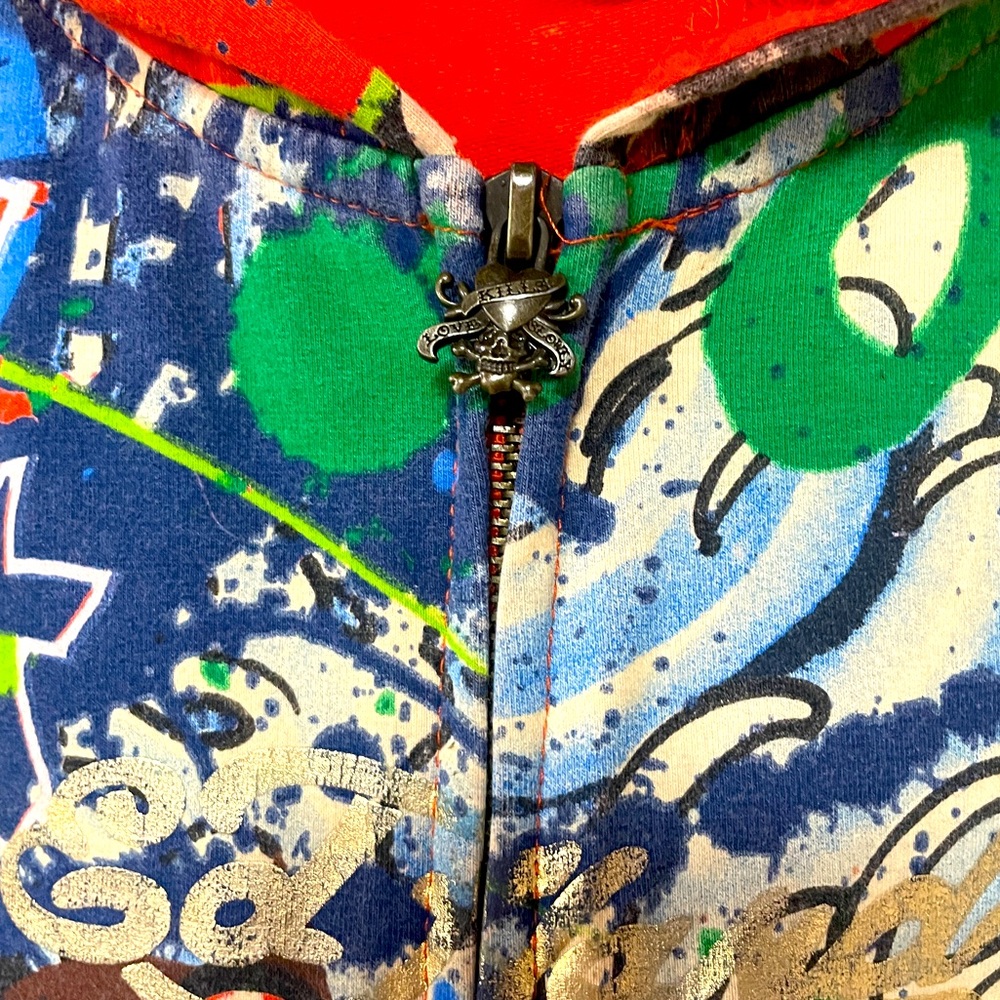 Ed Hardy Orange Green Blue Cotton Graffiti Print Zip Hoodie Jacket Sz L - Picture 5 of 6